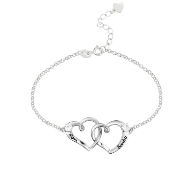 Double Heart Bracelet with Engraved Names & Birthstones