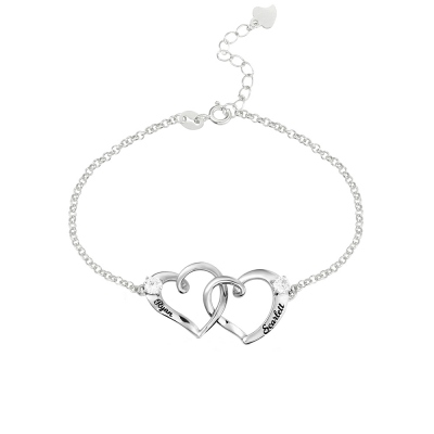 Bracciale con nomi incisi a doppio cuore personalizzati in Argento sterling