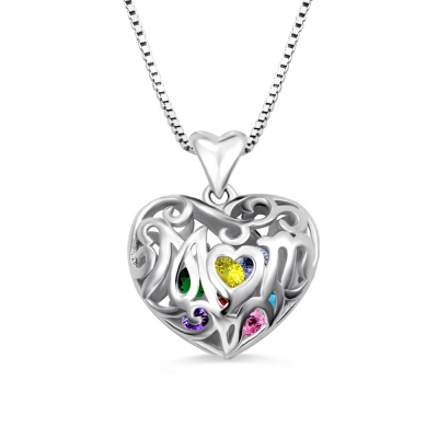 Custom Mom's Heart Cage Birthstone Necklace Sterling Silver