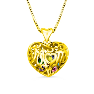 Custom Mom's Heart Cage Birthstone Necklace Gold Plated Mom Necklace