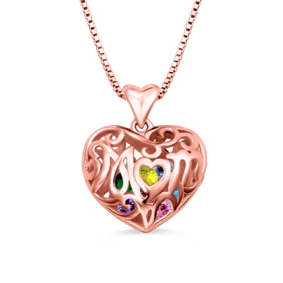 Custom Mom Heart Cage Birthstone Necklace In Rose Gold Mom Necklace