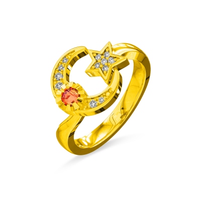 Custom Engraved Moon And Star Birthstone Ring Gold Plated