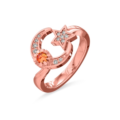 Custom Engraved Moon And star Birthstone Ring In Rose Gold