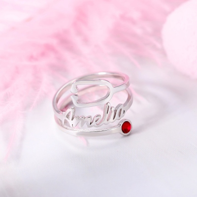 Personalized Name & Birthstone Stethoscope Ring in Silver