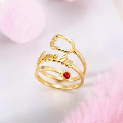 Personalized Name & Birthstone Stethoscope Ring in Gold
