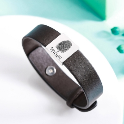 Personalized Men's Leather Bracelet with Fingerprint