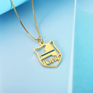 Personalized Police Badge State Map Name Necklace in Gold