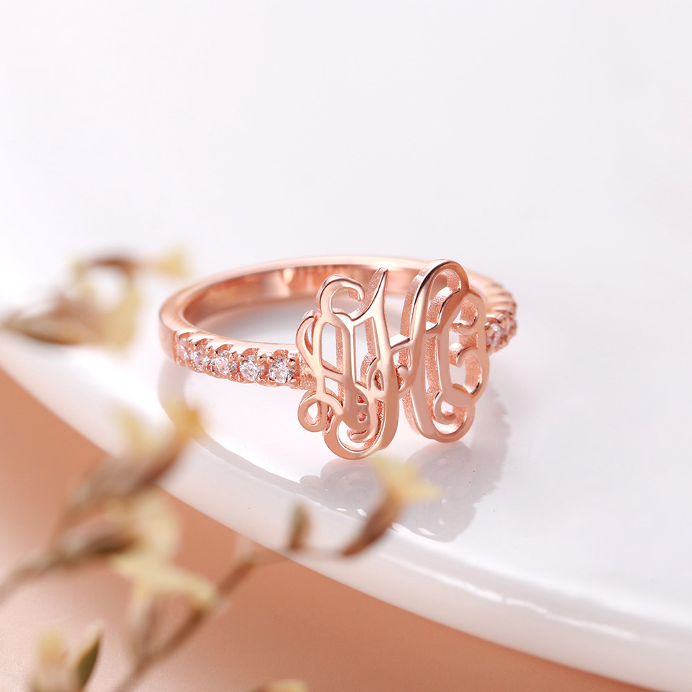 Personalized Monogram Ring with Birthstone Rose Gold