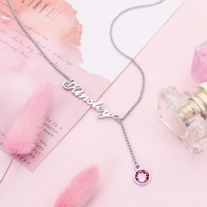 Personalized Simple Name & Birthstone Y Necklace