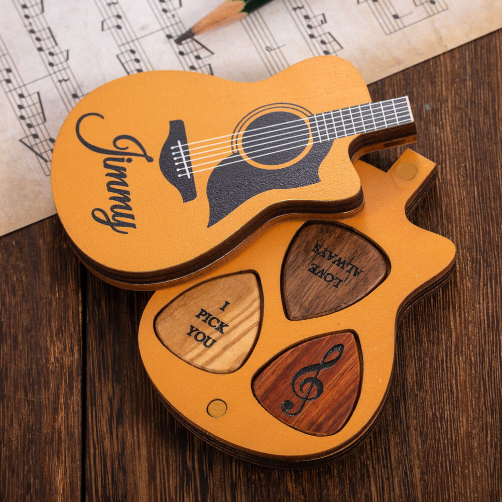 Personalized Wooden Guitar Picks with Case