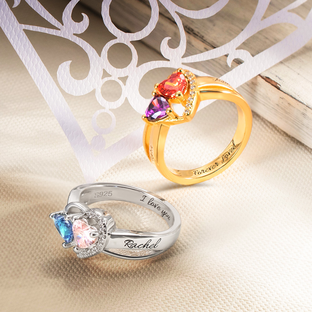Engraved Heart Birthstone Ring Couple's Ring
