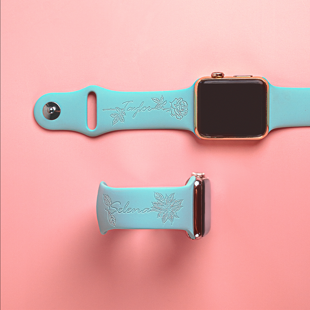 Pulseira de silicone personalizada com nome de flor de nascimento para Apple Watch