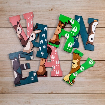 Personalized Wooden Name Sign with Animals for Nursery