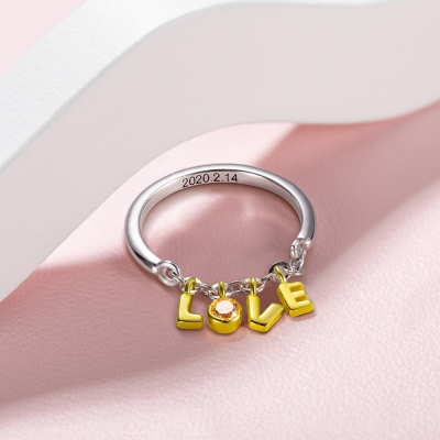 Personalized LOVE Ring with Birthstone for Her
