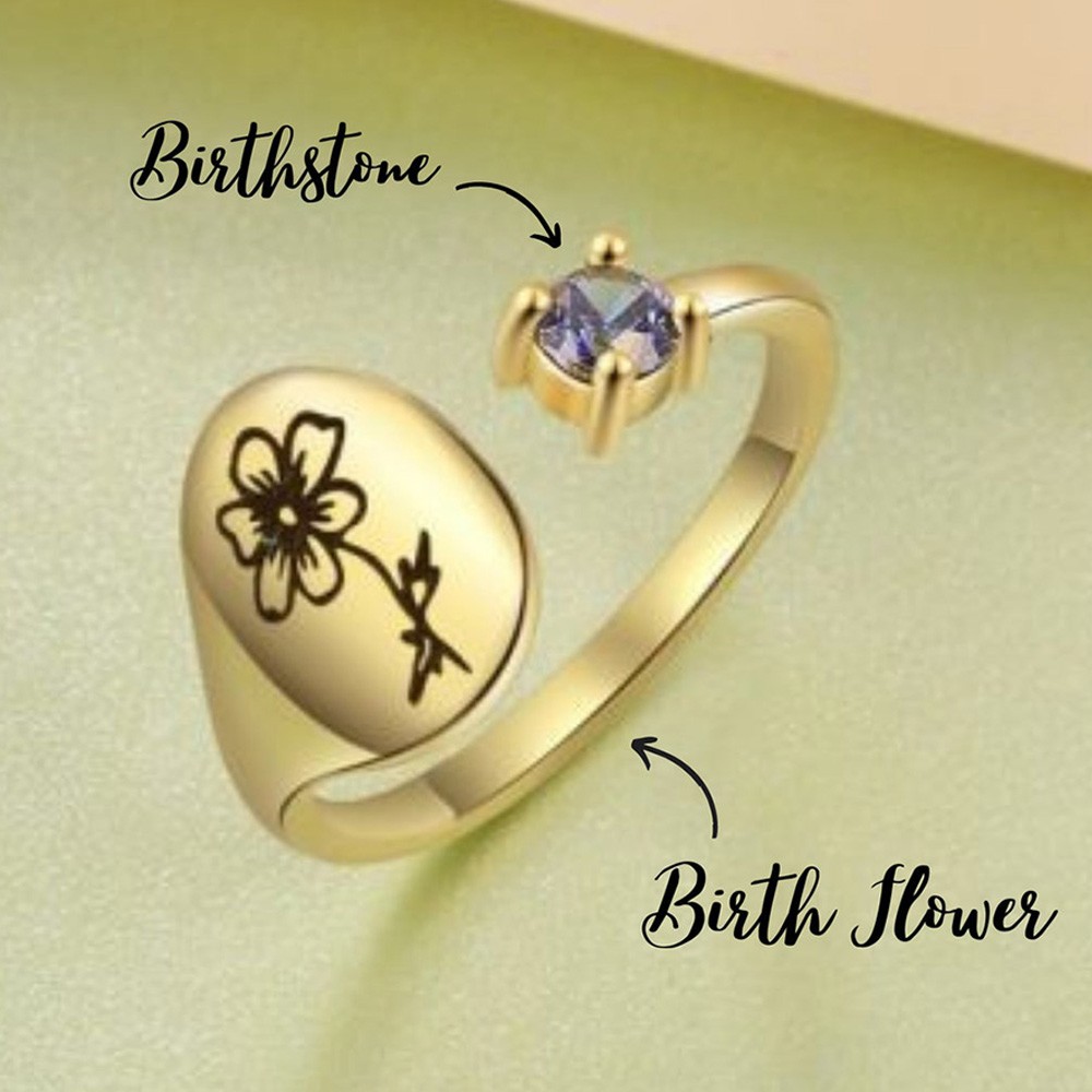 Personalized Birth Flower Birthstone Ring for Mom