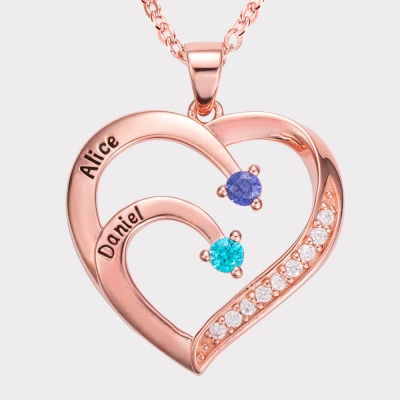 Personalized 2 Names and 2 Birthstones Family Heart Necklace