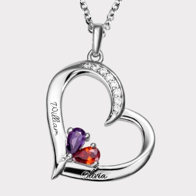 Custom 2 Heart-shaped Birthstones & Names Family Necklace