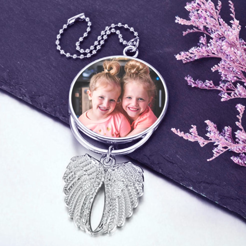 Angel Wings Pendant with Custom Photo & Text Engraving, Car Rearview Mirror Hanging Ornament for Automobiles Home Window Christmas Ornaments