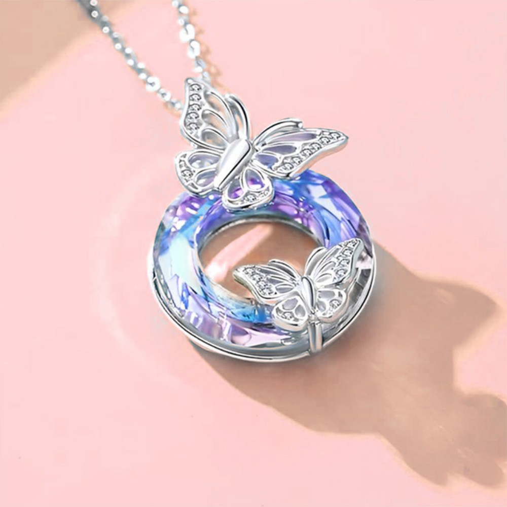 Crystal Butterfly Necklace, Two Butterflies on a Hollow Circle Pendant Neck Chain, Fancy Jewelry Gifts for Her/Mom/Wife/Daughter