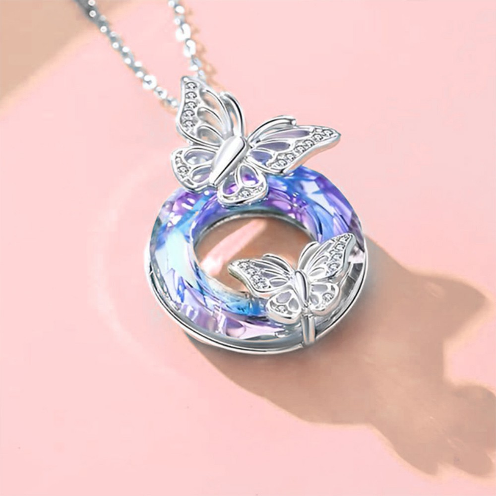 FJ Collana Farfalla E Fiore Rosa In Argento 925 Con Pietra Portafortuna, Catena 45+3 Cm, Regalo Per Donna
