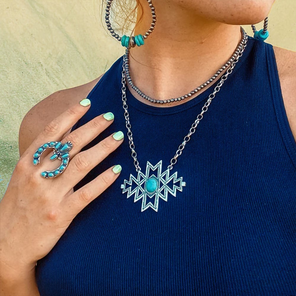 Western Cowgirl Turquoise Necklace, Stainless Steel Rodeo Necklace