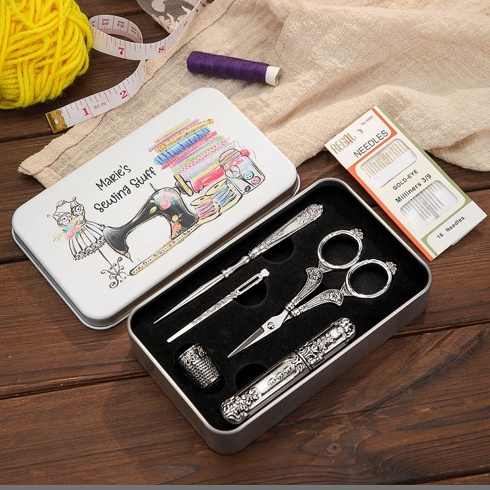 Kit De Couture Vintage En Acier Inoxydable - Ciseaux, Dé à Coudre, étui à Aiguilles, Poinçon - Pour Broderie, Point De Croix Et Travaux Manuels