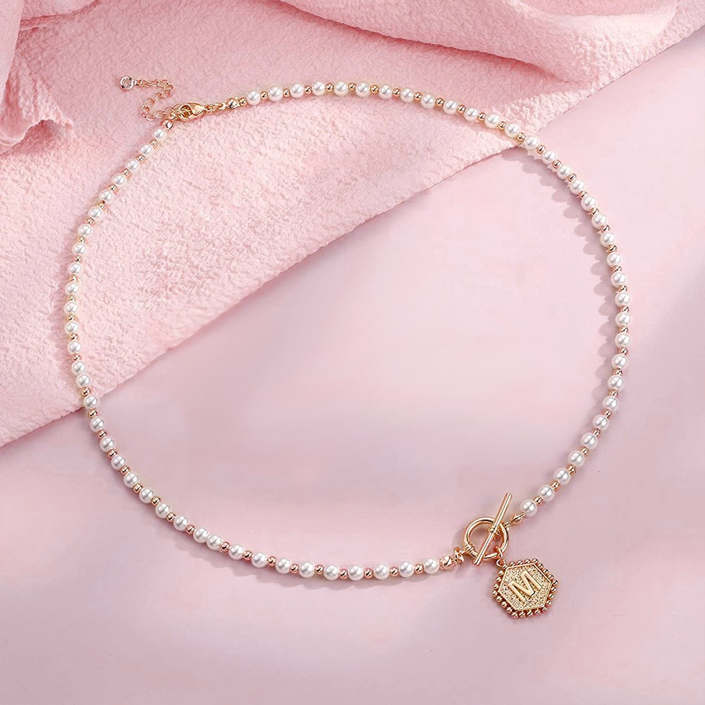 Custom Initial Choker Pearl Necklace, Initial Coin Letter AZ Pendant