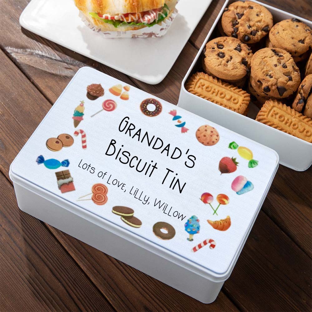 Personalized Biscuits Tin with Cute Candy Dessert Pattern, Cookie Jar Sweet Box Storage Tin Gifts for Grandad/Grandma/Nana/Mum/Dad
