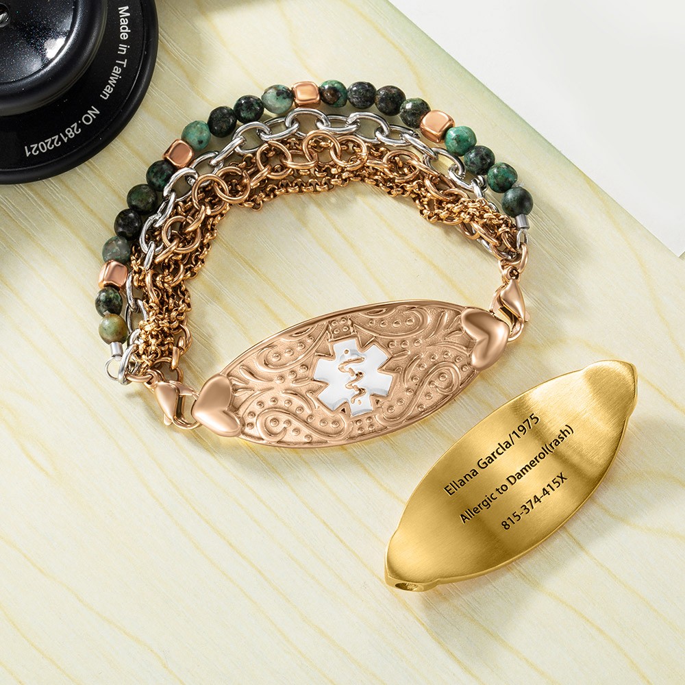 Personalized Medical Alert ID Bracelet with Turquoise Beads, Stainless Steel Emergency Identification Bracelet, Elegant Medical Bracelets Jewelry