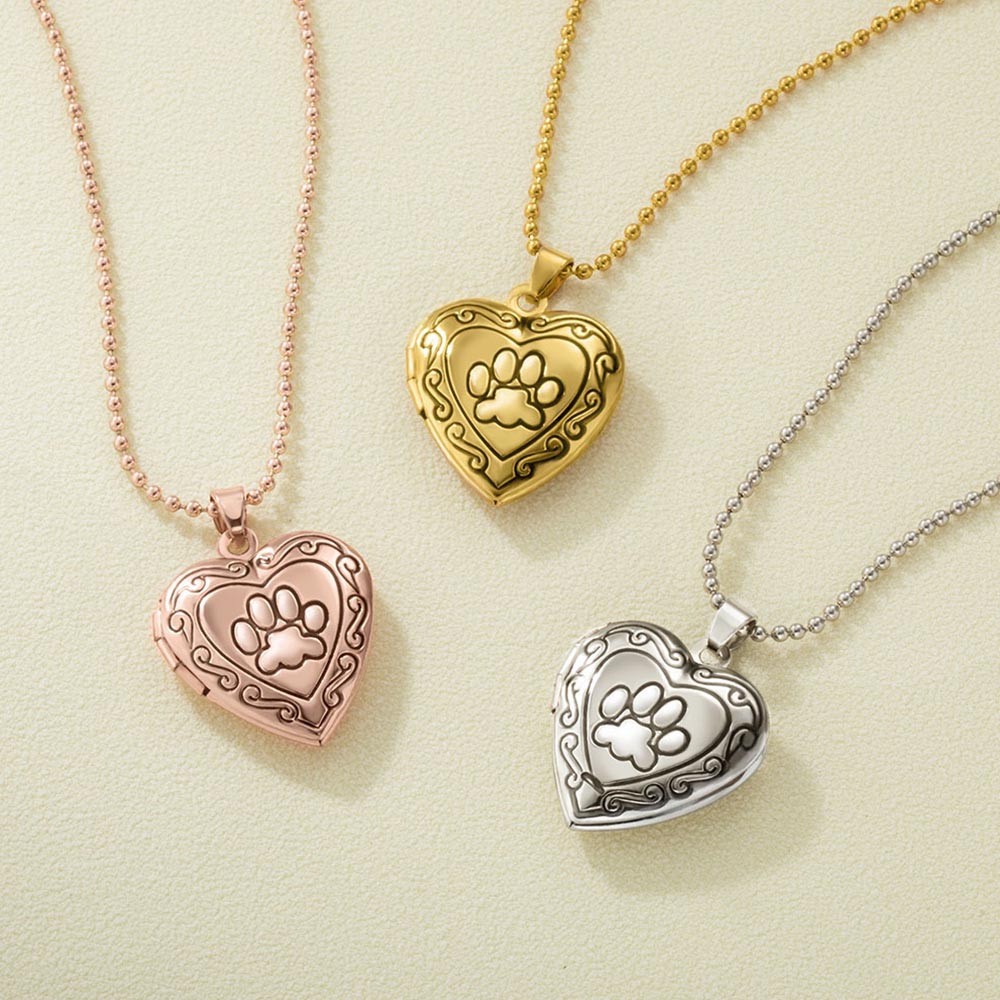 Dog Cat Paw Heart Locket Necklace, Brass Heart Shaped Pet Paw Print Pendant Necklace, Pet Memorial Jewelry, Gift for Pet Lover/Mom/Wife/Girlfriend