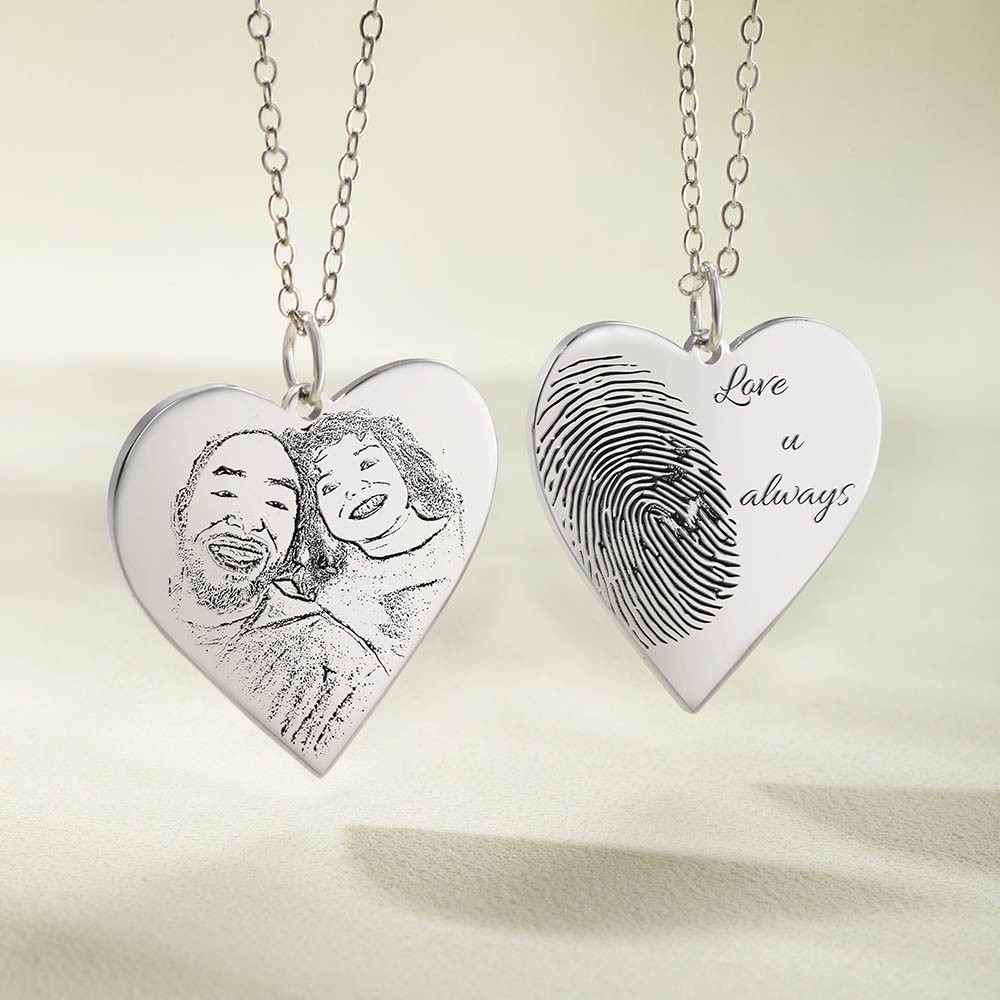 Heart Necklace with Fingerprint Engraved, Custom Photo Necklace with Thumbprint Keepsake Pendant, Memorial Jewelry for Anniversary Birthday Gifts