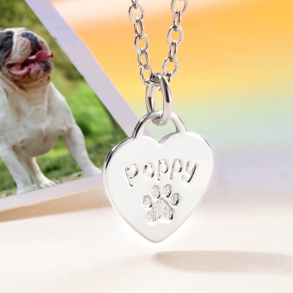 Personalized Paw Print Necklace, Heart Necklace with Name, Heart Engraved Charm Necklace, Memorial Jewelry, Gifts for Pet Lover/Her