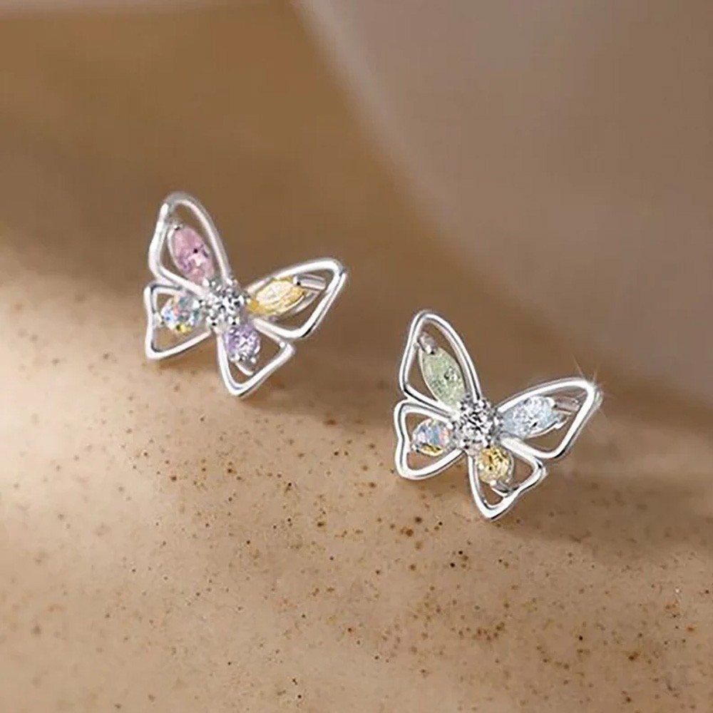 925 Sterling Silver Crystal Colourful Butterfly Stud Earrings Women's Jewellery
