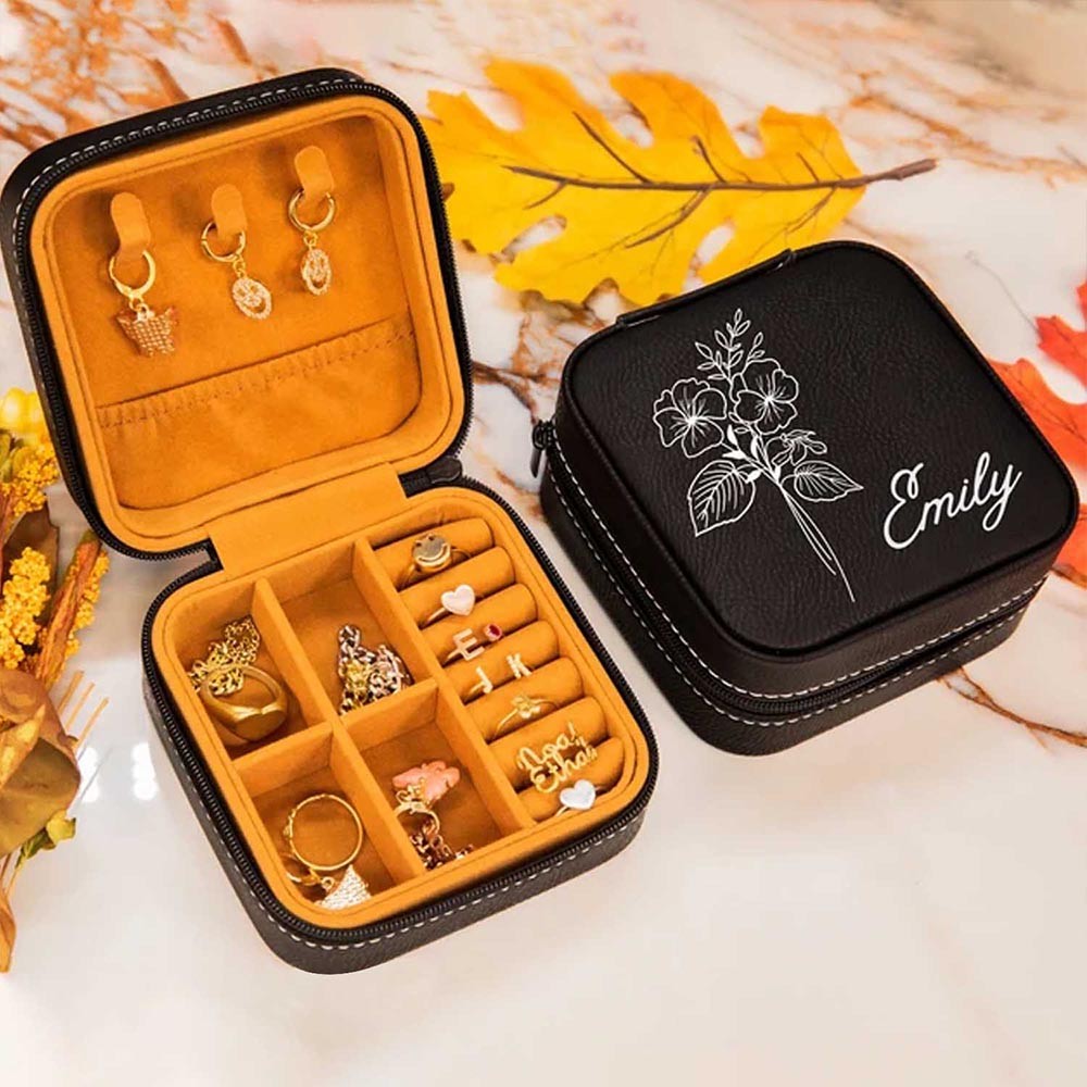 Birth Flower Jewelry Travel Case, Birth Month Flower Gift, Personalized Birthday Gift, Jewelry Travel Case, Custom Jewelry Case (Buy More Save More)