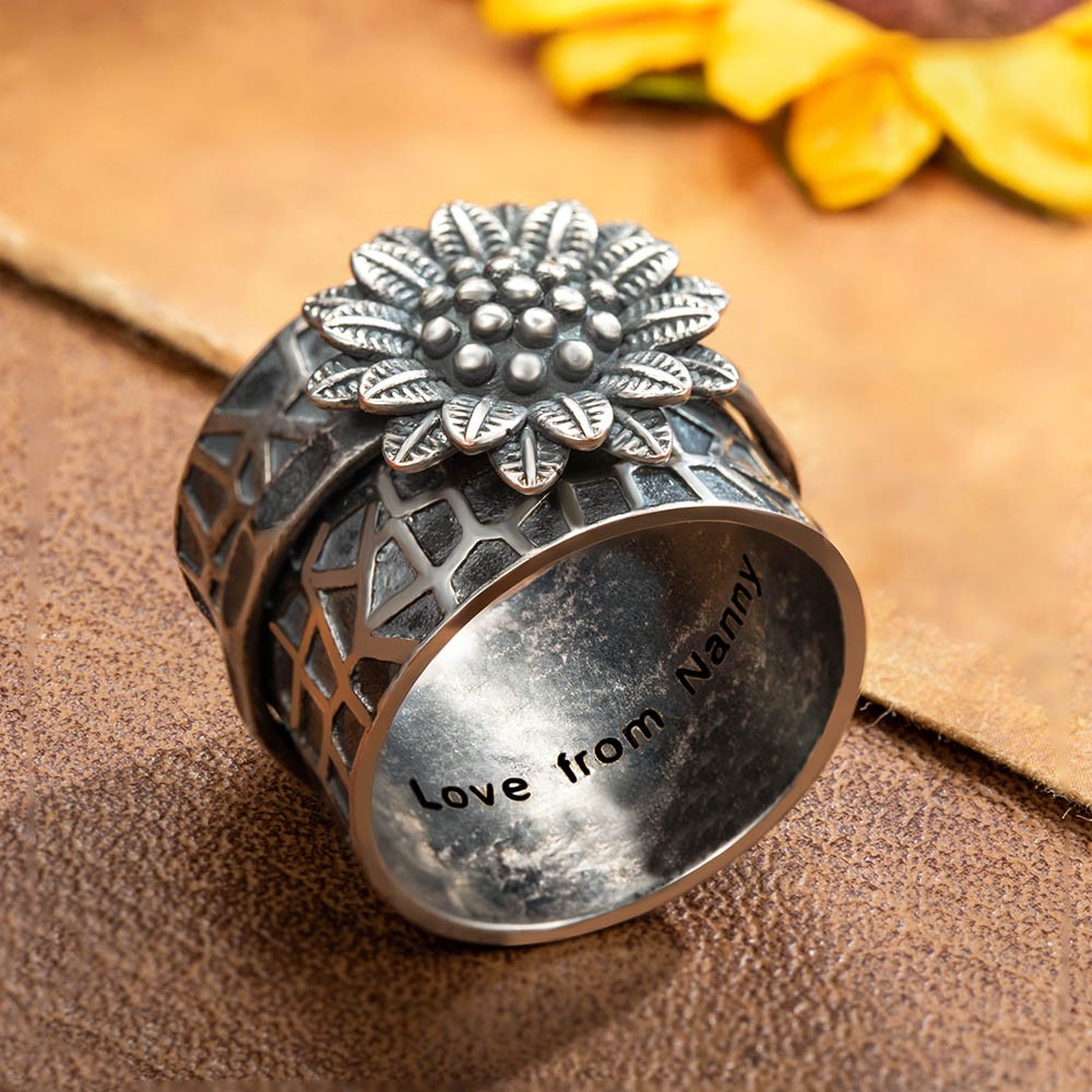Custom Sunflower Fidget Ring, Anti-Anxiety Flower Spinner Ring, Worry Ring, Sterling Silver 925/Brass Boho Chunky Ring, Fidget Jewelry for Women