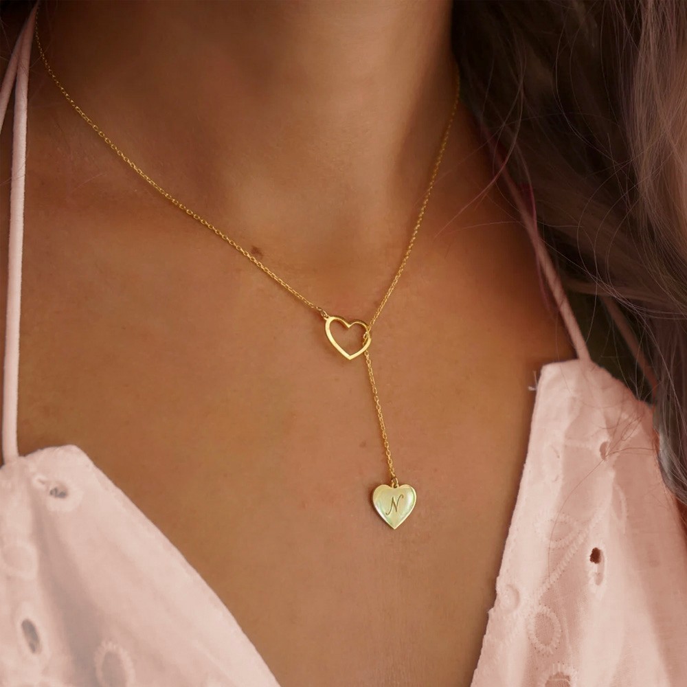 Heart Lariat Necklace with Initial, Personalized Y Necklace with Heart 