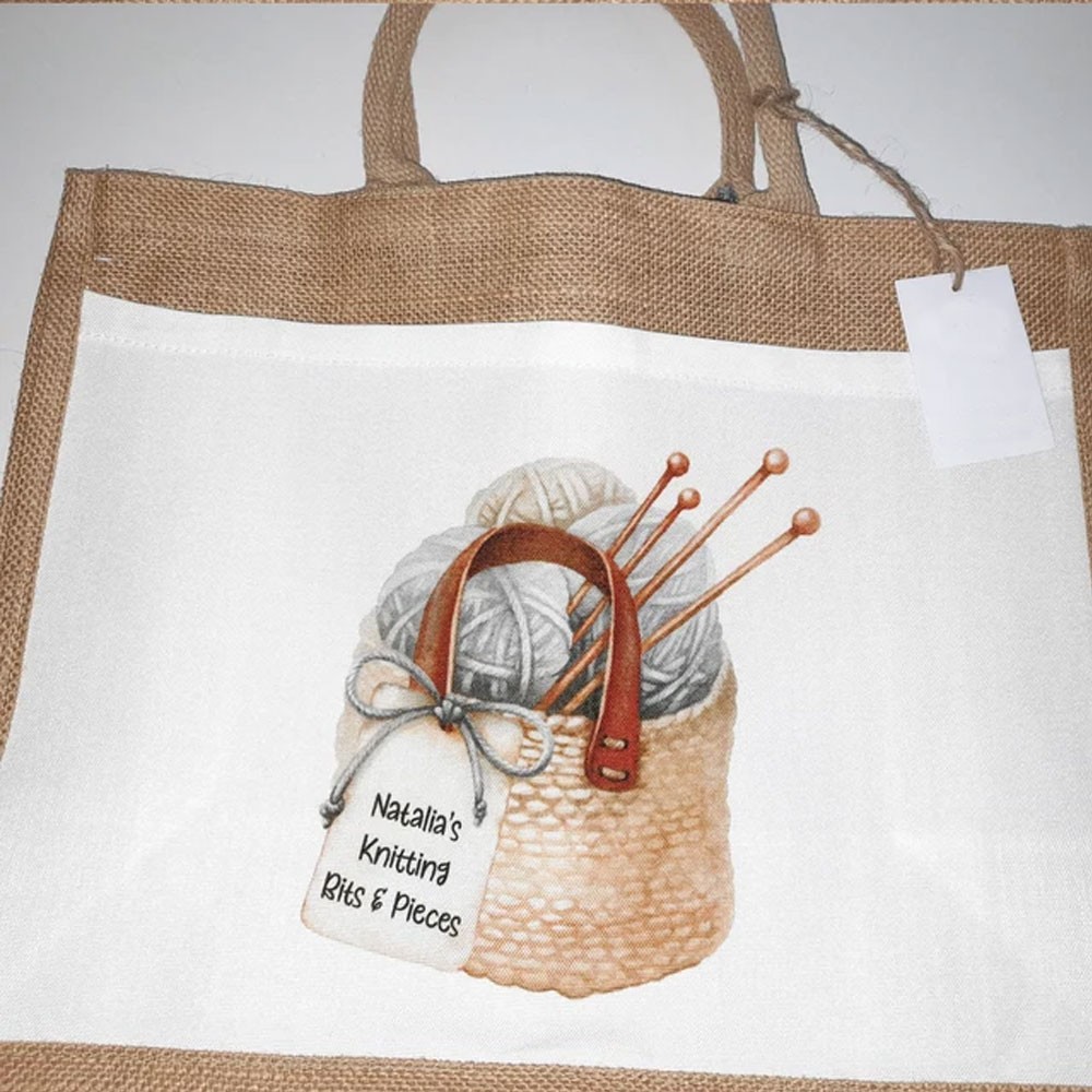 Personalized Knitting Jute Bag, Tote Bag, Large Knitting Bag, Lunch Bag