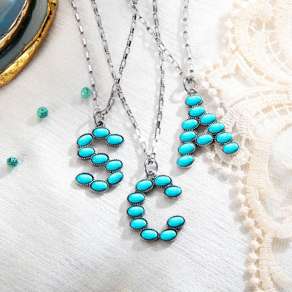 Turquoise Oval Stone Initial Necklace, Semi Stone Initial Necklace, Bohemian Western Style Pendant, Boho Jewelry Gift for Women and Girls