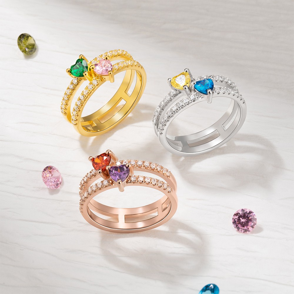 Double Heart Birthstones Ring