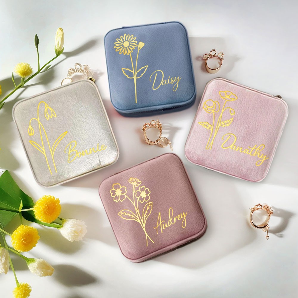 Birth Flower Jewelry Travel Case, Personalized Birthday Gift, Custom Velvet Jewelry Box, Gifts for Wedding/Bridesmaid/Mom/Women, Buy More Save More