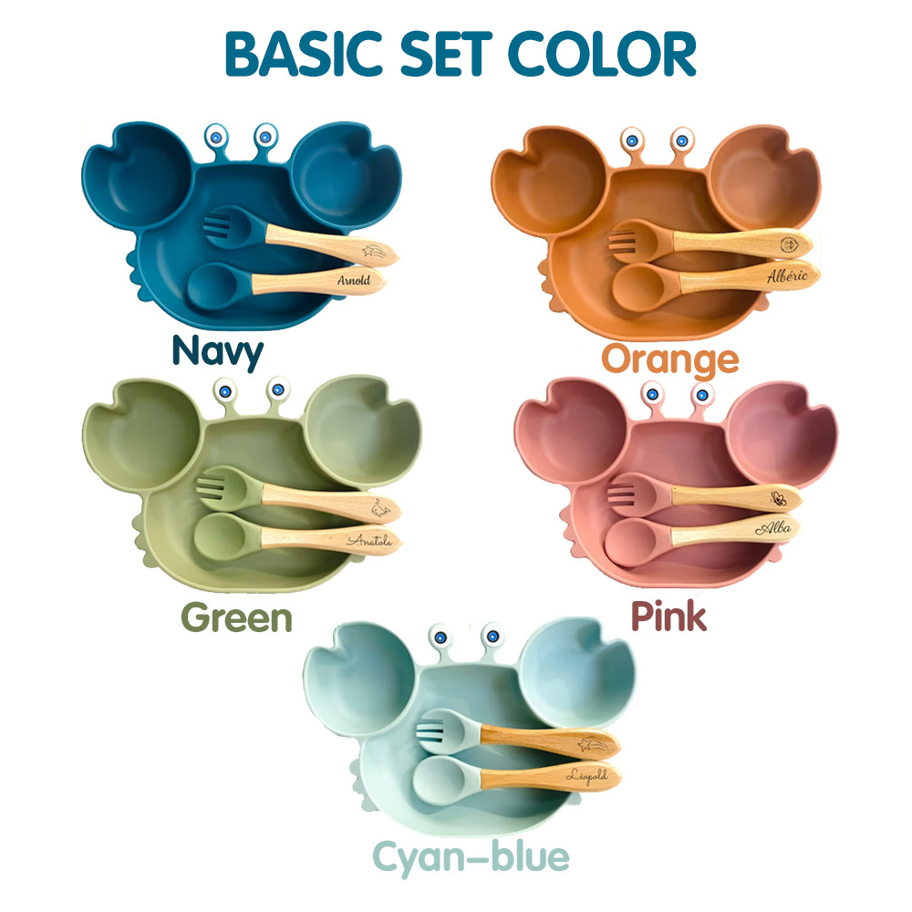 Personalized Engraved Crab Suction Plates for Baby, Silicone Bib & Bowl
