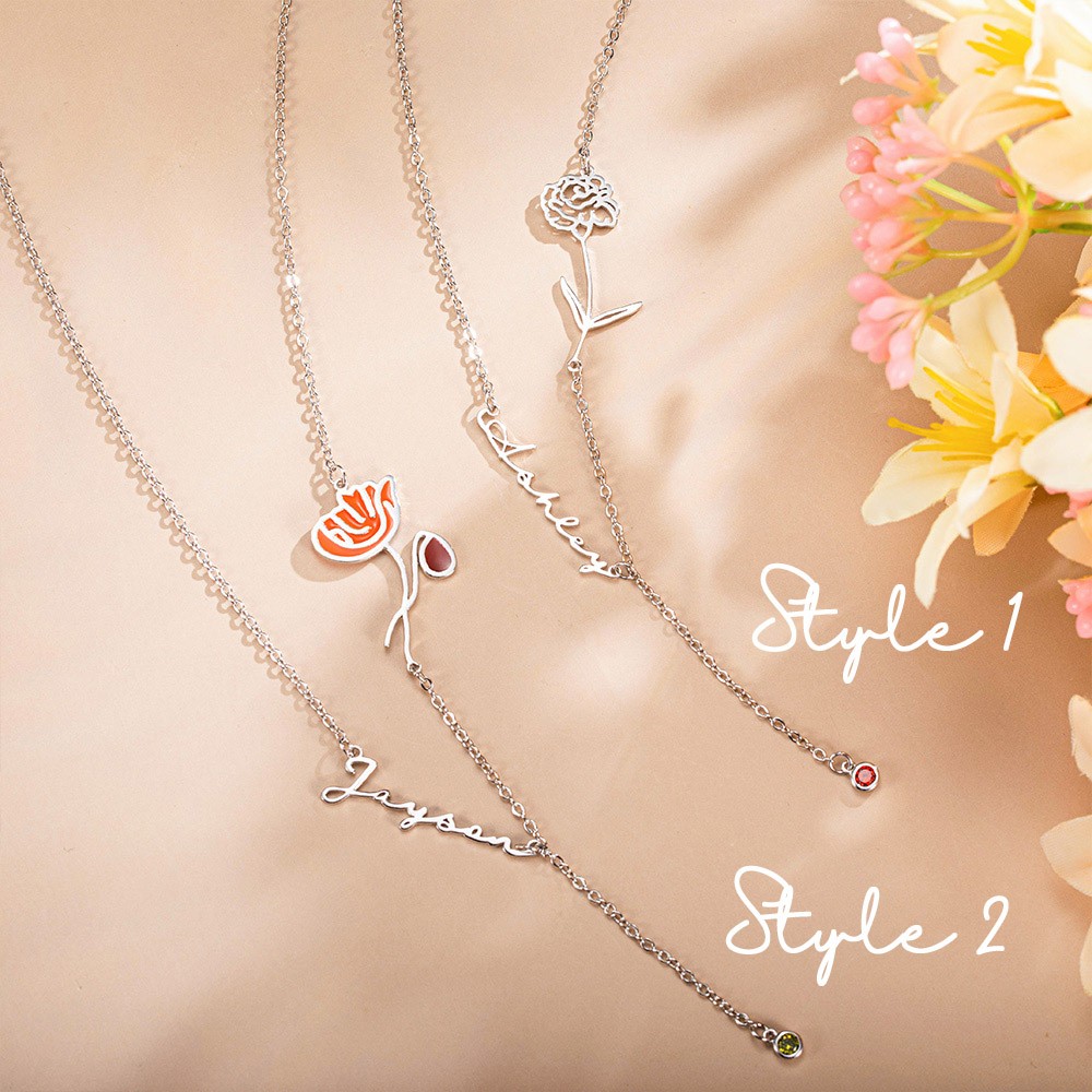 Birth Flower Necklace with Birthstone, Personalized Name Necklace, Women's Jewelry, Bridesmaid Gift, Wedding/Birthday/Anniversary/Mother's Day Gift