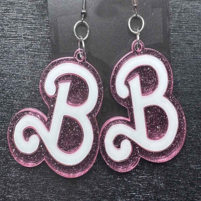Custom Initial Doll Logo B Acrylic Earrings, Pink Earrings, Gift for Her