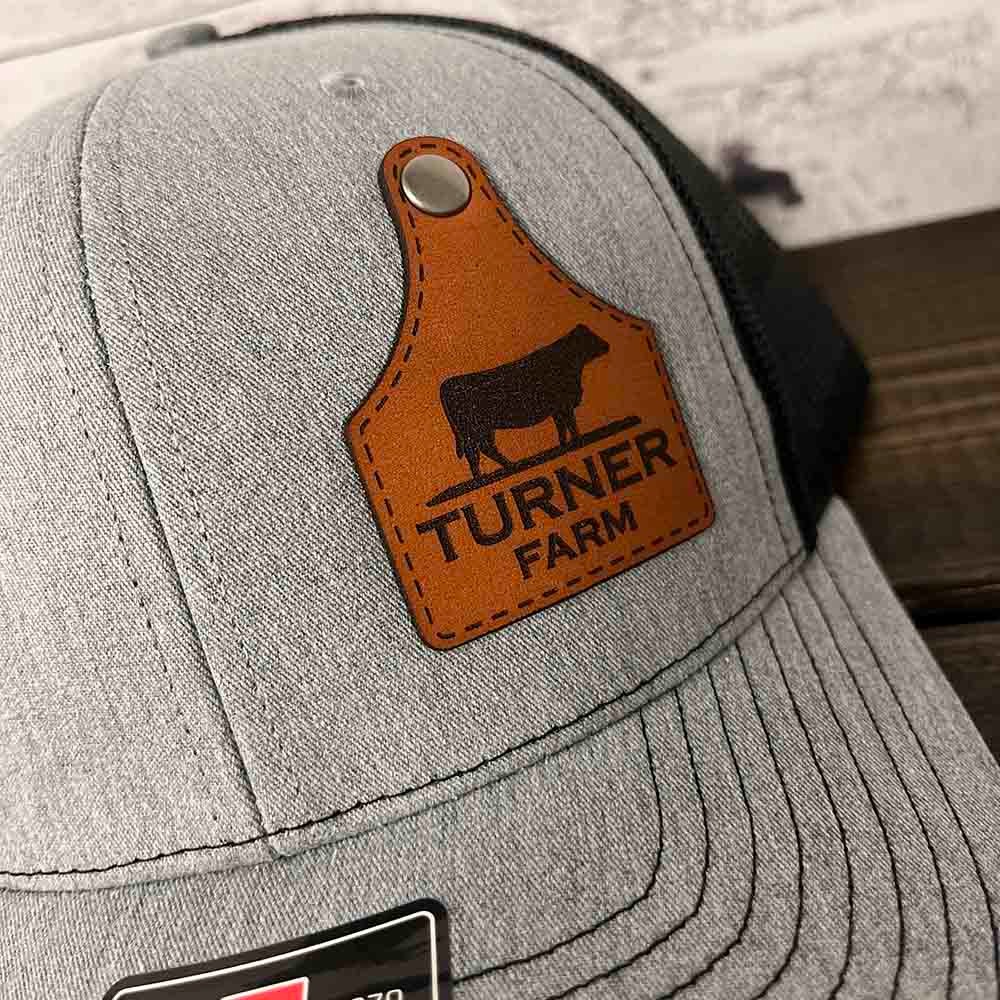 Custom Leather Patch Hat, Leather with Cow Ear Tag, Custom Farm Name Ear Tag, Gift for Dad, Christmas Gift
