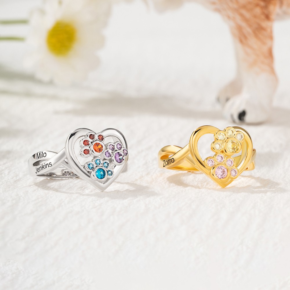 Personalized   Paw Birthstone Pet  Ring