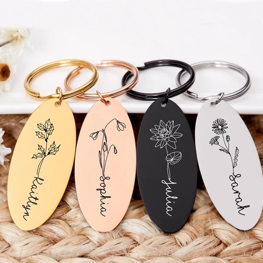 Personalized Name Birthflower Keychain, Customized Keyring, Metal Keychain, Bar Keychain, Birth Flower Gift, Personalized Gift for Mom
