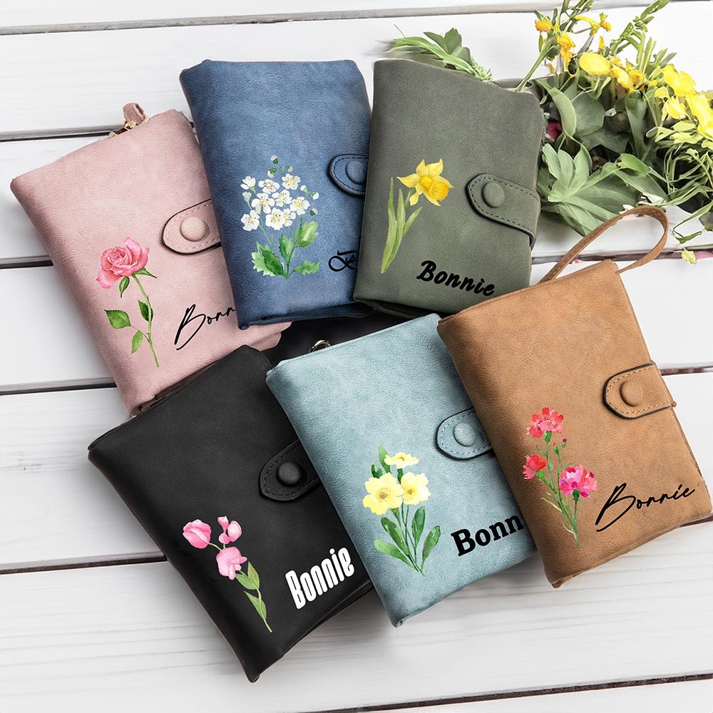 Personalized colorful birth flower wallet