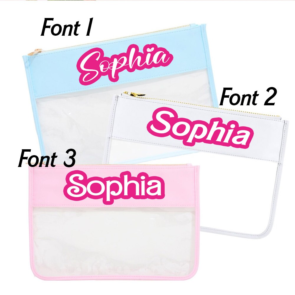 Personalized Name Clear Pouch, Custom Pink Doll Font Pouch, Cute Pool