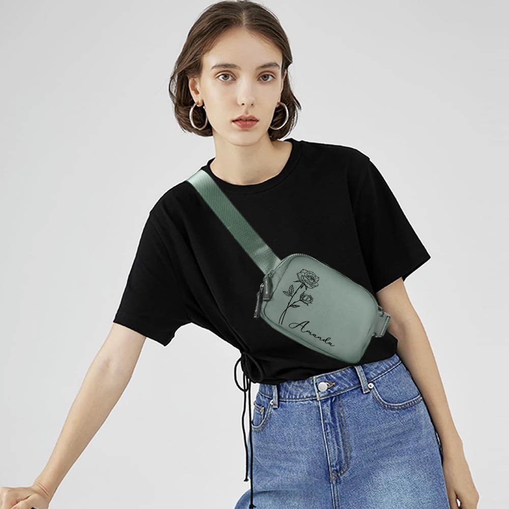 Personalized Birth Flower Waist Belt Bag with Name, Waist Pack with