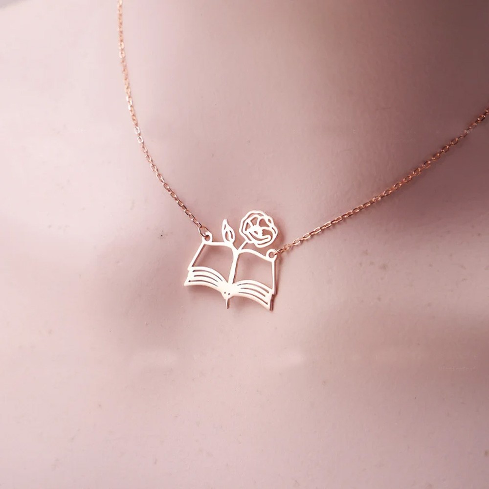 Custom Book Birth Flower Necklace, Rose Necklace, Sterling Silver Necklace, Gift Book Lover, Mother's Day/Birthday/Wedding Gift for Mom/Bridesmaids